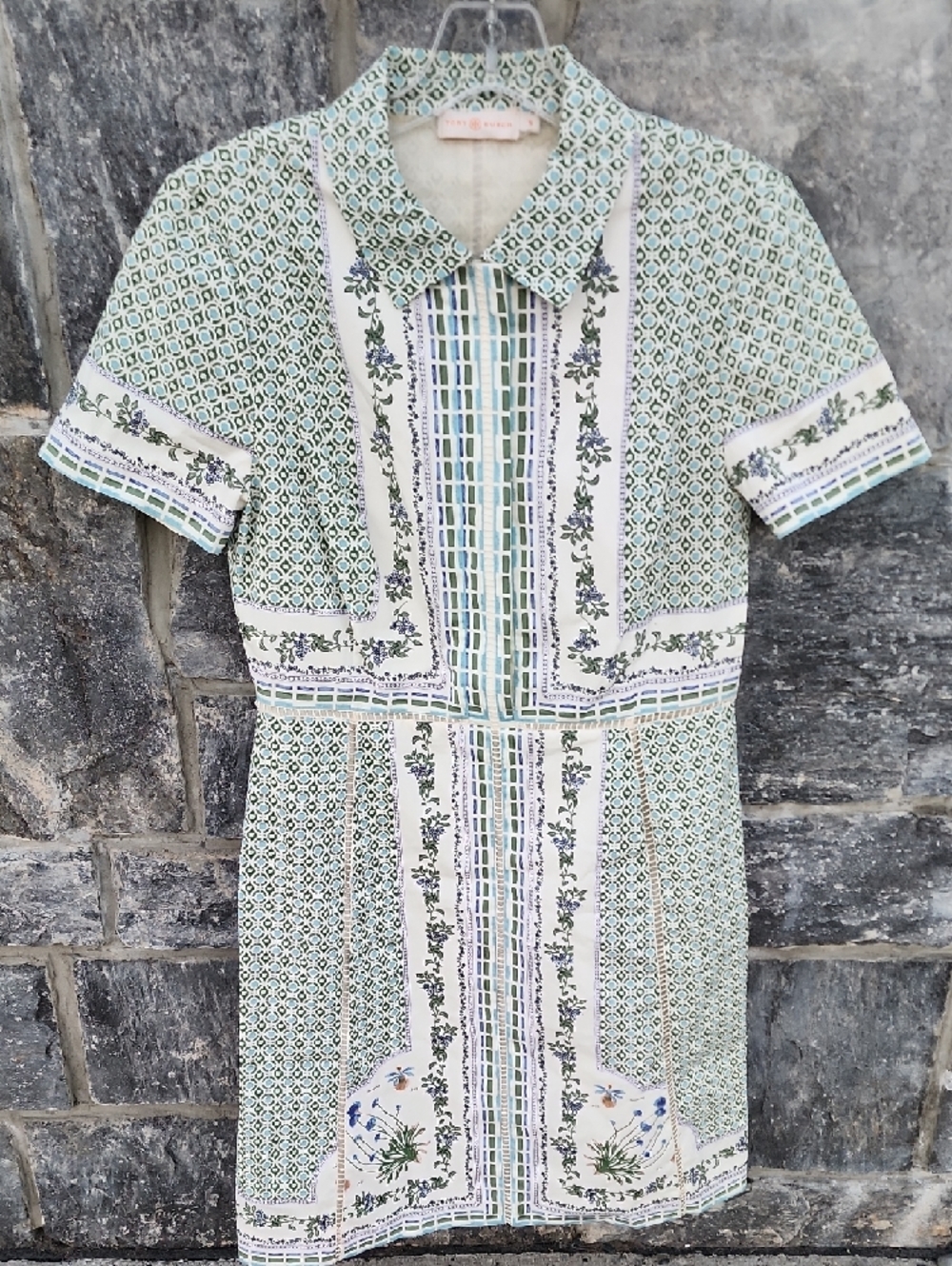 Tory Burch Garden Party Talia Botanical Green Printed Shirt Dress Runway Size 10